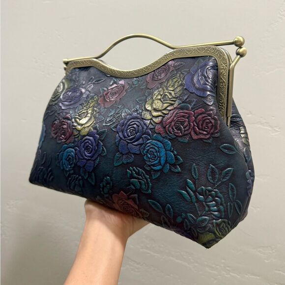 Unique Colorful Rose Embossed Cowhide Handmade  Retro Style Kisslock Handbag - Picture 12 of 17